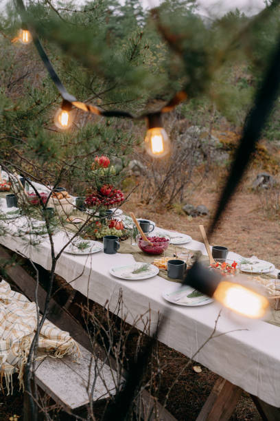 istock Served wedding table among trees in autumn in Altai 1296642201