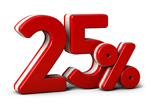 25 percent in red. Isolated on white background. Special offer twenty five percent off discount tag. 3d render. 52%