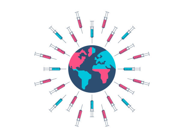 Global immunization Worldwide vaccination illustration concept. Erath globe surounded by different types of vaccines. drawing of the map of moldova stock illustrations