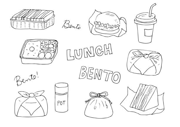 набор иллюстраций «обед и бэнто» - lunch box illustrations stock illustrations