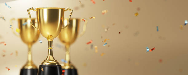 Golden trophy cup on gold background. copy space for text. 3d rendering.