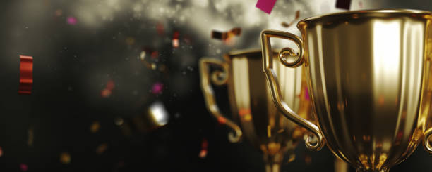istock Golden trophy cup on dark background. copy space for text. 3d rendering. 1296652648