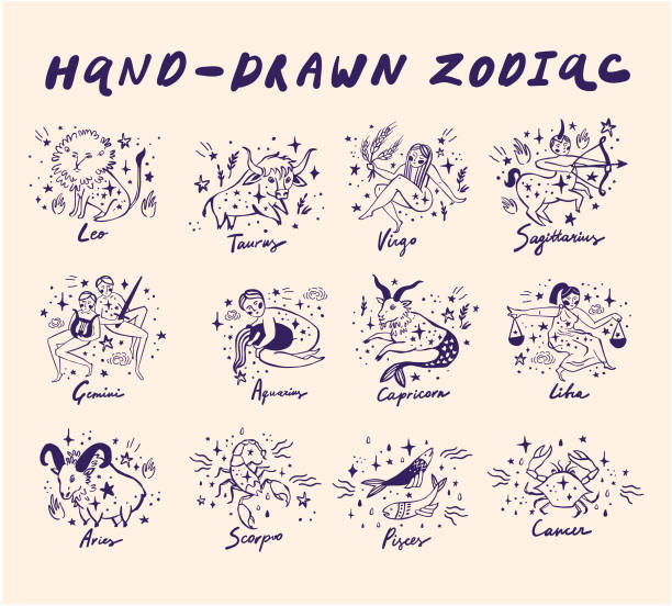 Hand-Drawn-Zodiac-collection Set of hand drawn vector zodiac signs. astrology sign stock illustrations