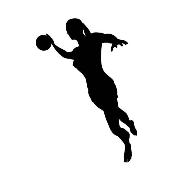 istock Barefoot woman basketball player in attack on basketball hoop, right view, vector 1296654345