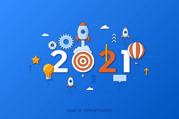 istock Infographic concept, 2021 - year of opportunities. New trends and expectations in startup launches, business development, profit growth, goal achievement. Vector illustration in thin line style. 1296654580
