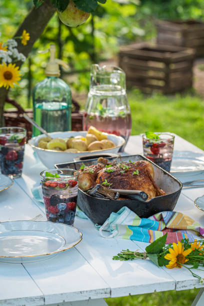 istock Summer dinner with chicken and potatoes served in garden 1296660417