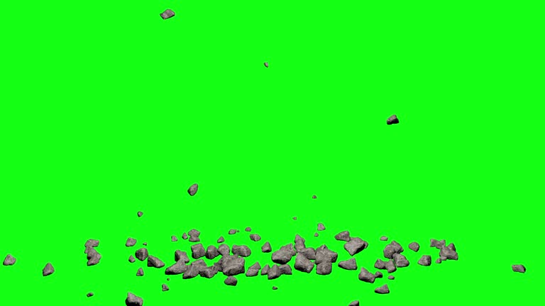 Rocks stone falling rain on the floor demolition collapse green screen chroma key animation 3d