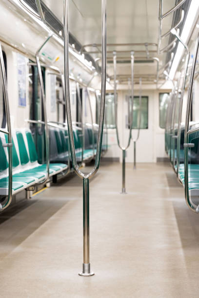 istock Empty train seatsof of  subway train during coronavirus pandemic 1296662650