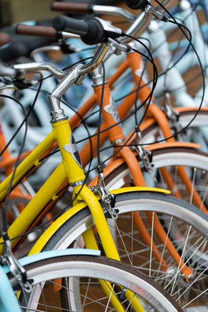 istock Bicycle outside wet from the rain steering wheel, closeup 1296662656
