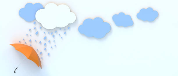Creative idea inspiration. Umbrella Yellow and rain with blue clouds on blue sky background and leadership for success Concept - 3d rendering