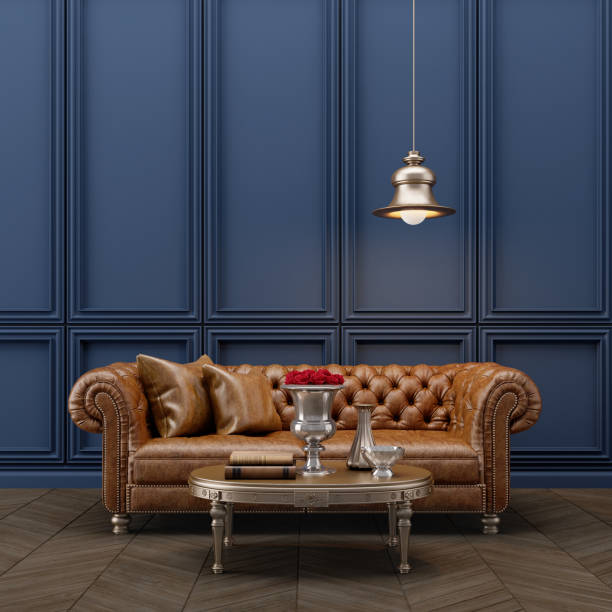 istock Classic style interior.Leather sofa with lamp and blue wall.3d rendering 1296670070