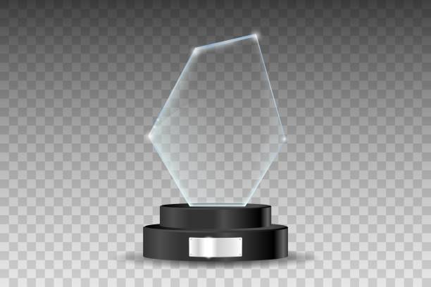 Glass trophy award. Shiny glass form on a black stand with shiny silver plate. Vector illustration of shiny award isolated on transparent background. Glass trophy award. Shiny glass form on a black stand with shiny silver plate. Vector illustration of shiny award isolated on transparent background base sports equipment stock illustrations