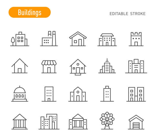 ilustraciones, imágenes clip art, dibujos animados e iconos de stock de iconos de edificios - serie de líneas - trazo editable - arquitectura exterior