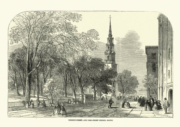 Tremont Street and Park Street Church, Boston, USA, 1850s, 19th Century Vintage illustration of Tremont Street and Park Street Church, Boston, USA, 1850s, 19th Century tremont stock illustrations