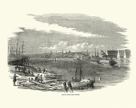 Vintage illustration of View of Boston, USA, from the east, 1850s, 19th Century