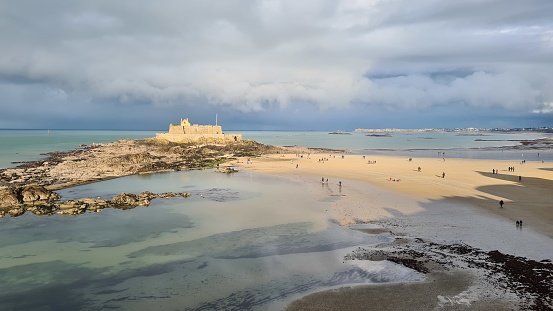 View on Saint-Malo beach at low tide, Brittany, France.