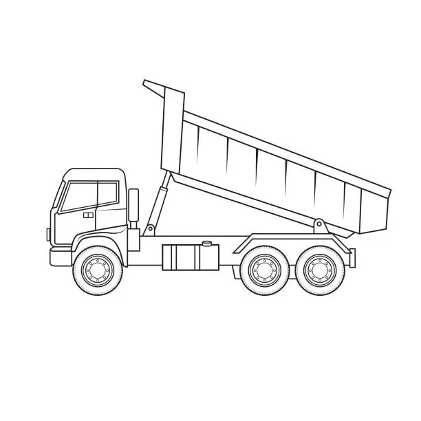 Vector illustration of Dump loader truck cartoon construction site vehicle equipment machine. Only black and white for coloring page, children book.