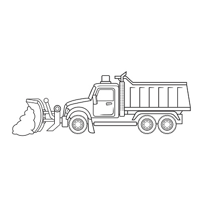 Snowplow snowplough motor grader snow removal truck equipment machine vehicle. Only black and white for coloring page, children book.