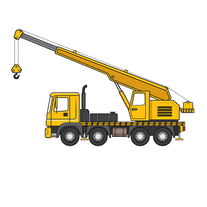 Crane truck cartoon construction site vehicle equipment machine. For coloring page, children book.