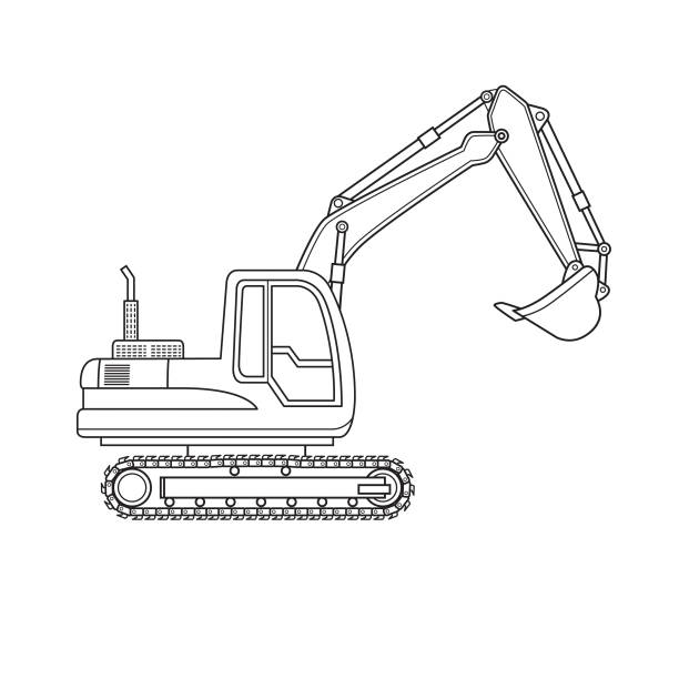 Cartoon excavator digger crawler wheels vehicle equipment machine construction site. Only black and white for coloring page, children book. Cartoon excavator digger crawler wheels vehicle equipment machine construction site. Only black and white for coloring page, children book. coloring illustrations stock illustrations