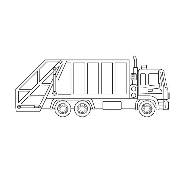 Vector illustration of Garbage truck dustcart machine vehicle cartoon. Only black and white for coloring page, children book.