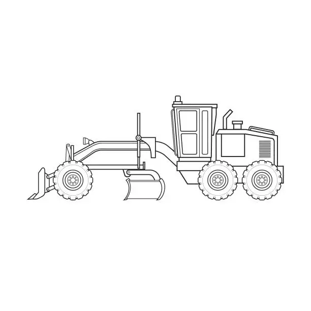 Vector illustration of Structure of road grader construction vehicle equipment machine. Only black and white for coloring page, children book.