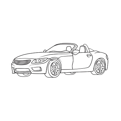 Convertible super sports car vehicle transportation. Only black and white for coloring page, children book.