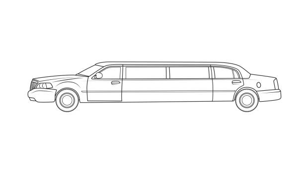 illustrations, cliparts, dessins animés et icônes de transport luxueux de véhicule de limousine. seulement noir et blanc pour la page de coloriage, livre d’enfants d’âge préscolaire. - cartoon city town car