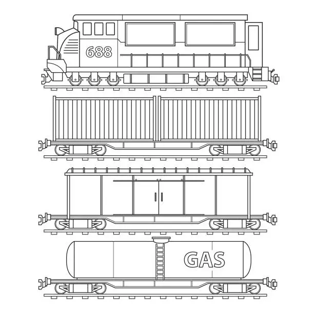 Vector illustration of Locomotive and trains transportation land vehicle. Only black and white for coloring page, children book.