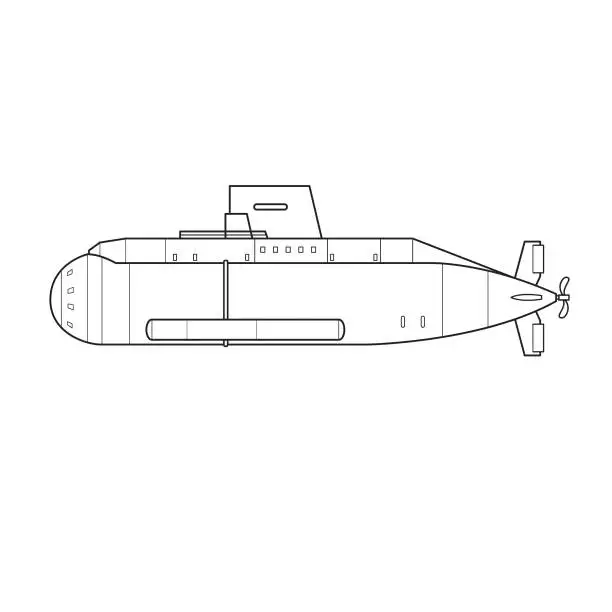 Vector illustration of Submerged Submarine Exploration Equipment Machine Vehicle. Only black and white for coloring page, preschool children first word book.