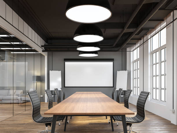istock Modern loft style meeting room with empty white board 3d render 1296677747