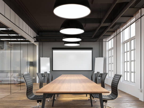 Modern loft style meeting room with empty white board 3d render stock photo