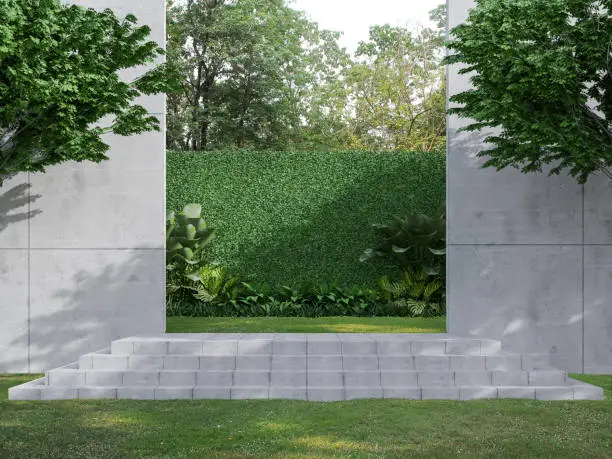 Photo of Concrete step in the green garden 3d render