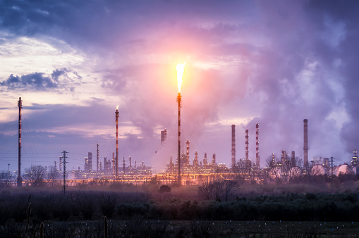 Petroquimica de Tarragona, Oil refinery at twilight in Catalonia, Spain