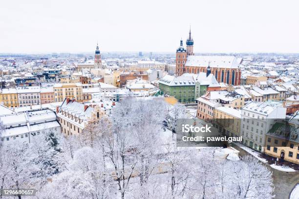 Aerial View Of Snow Covered Old Town Krakow In Poland Stock Photo - Download Image Now