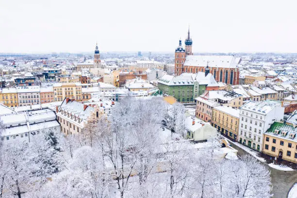 Aerial view of snow covered Krakow in Poland