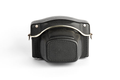 Vintage Leather Camera Case. Black color SLR camera case on white background.