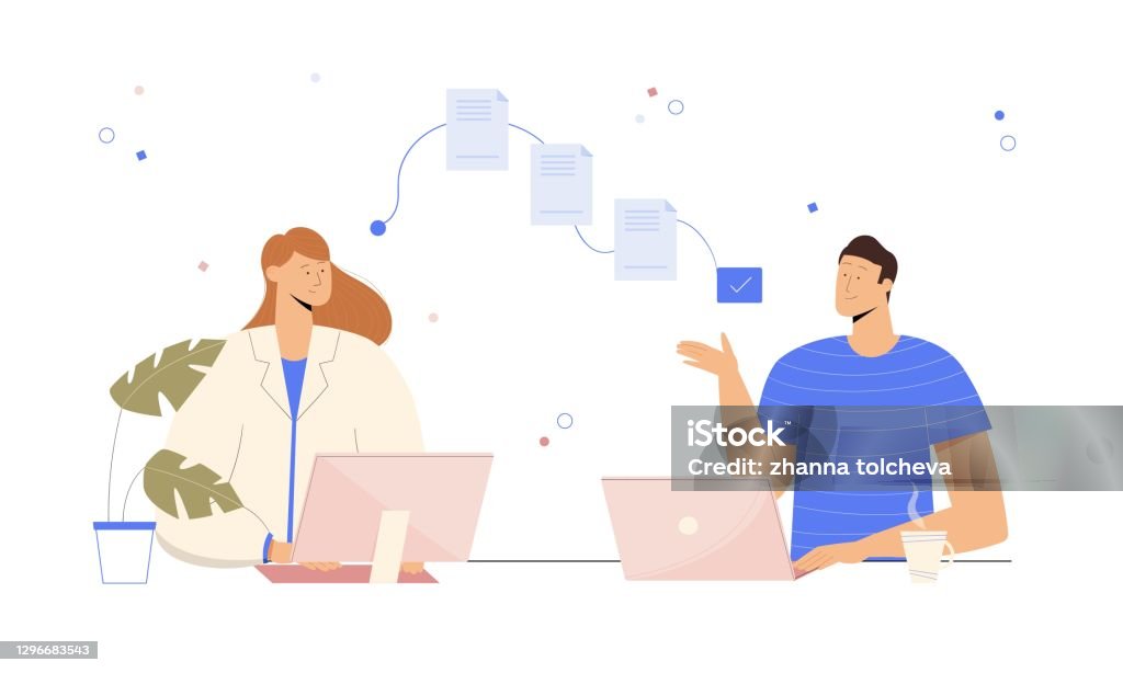 Computer File Transfer Cartoon File And Data Transfer Concept Documents Sharing Between Laptop And ...