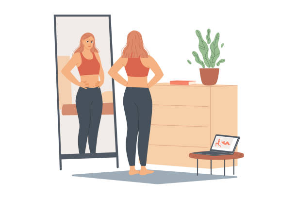 ilustraciones, imágenes clip art, dibujos animados e iconos de stock de mujer no feliz con su peso, mira su vientre y cintura, se para frente a un espejo y mira su cuerpo después del entrenamiento. - dieting mirror healthy lifestyle women