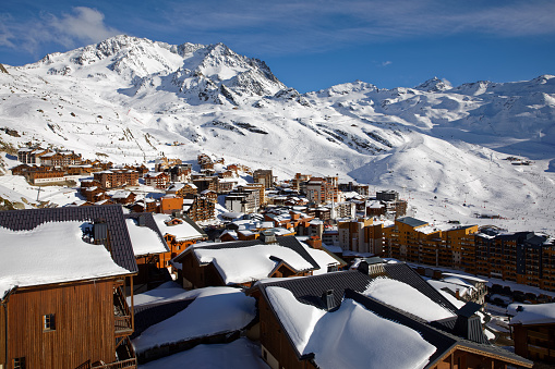 Val Thorens, France - March 7, 2019: Val Thorens is the highest ski resort in Europe at an altitude of 2300 m. The resort forms part of the 3 vallées linked ski area which is one of the largest linked ski areas in the world.