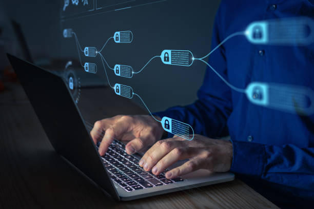 Blockchain financial technology to secure cryptocurrencies as bitcoin for online payments and money transaction. Fintech concept with encrypted ledger blocks chained. Person working on computer Blockchain financial technology to secure cryptocurrencies as bitcoin for online payments and money transaction. Fintech concept with encrypted ledger blocks chained. Person working on computer blockchain photos stock pictures, royalty-free photos & images