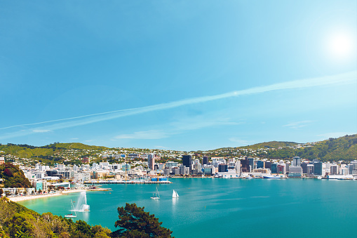 Wellington in New Zealand. Cityview during summer from Mount Victoria into the bay of the capital.