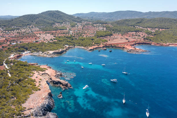 Aerial view around scenic Balearic islands. Ibiza Aerial view around scenic Balearic islands. Pou D'es Lleó Ibiza santa eulalia stock pictures, royalty-free photos & images