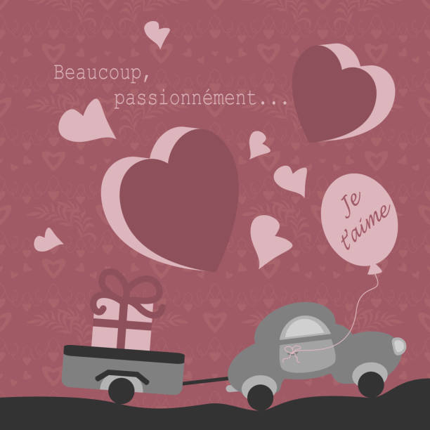 istock Cute little car with its trailer carrying a big gift. The text in French Language means 