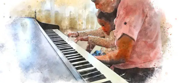 Photo of Abstract beautiful hand playing keyboard of the piano foreground Watercolor painting background and Digital illustration brush to art.