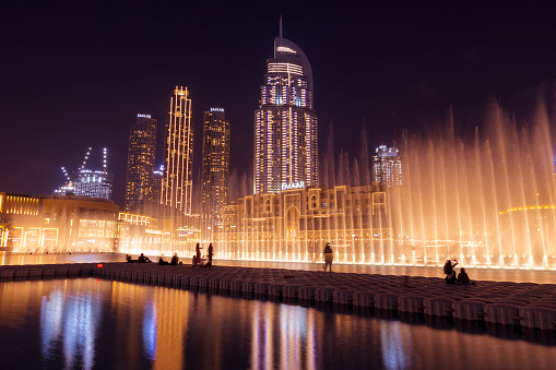 Dubai, UAE, 14 January 2021: Beautiful view of the Dubai Mall and the Dubai Fountain captured in the night. The Dubai Mall is the largest mall in the world by total area