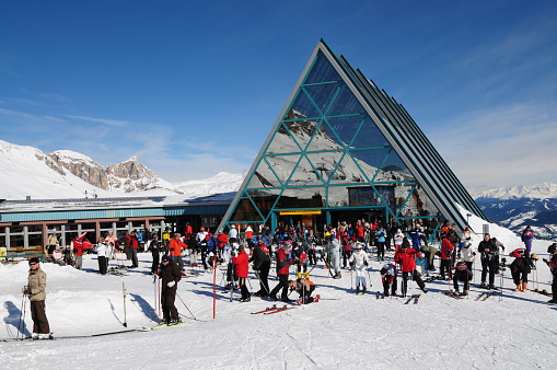Corvara, February 2009: skiers at Piz Boe in Val Badia, South Tyrol. Italy.