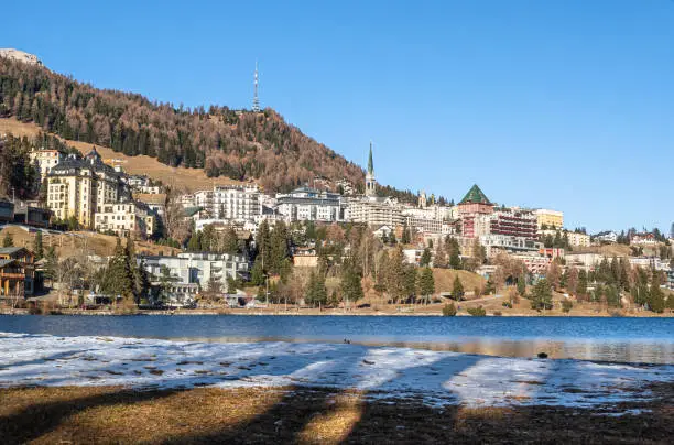 St. Moritz, Switzerland - November 26, 2020: St. Moritz is a high Alpine resort town in the Engadine in Switzerland, at an elevation of about 1,800 meters