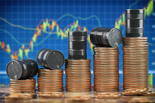 Oil barrels on stack of golden coins. Growth rise of oil stock prices. 3d illustration