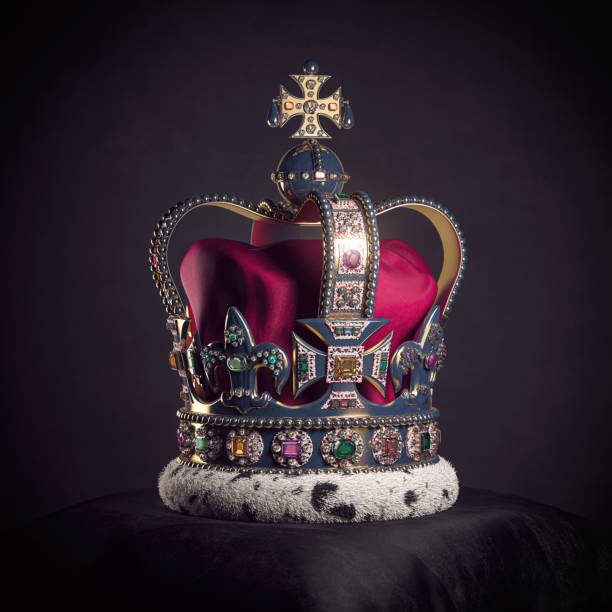 Royal golden crown with jewels on pillow on black background. Symbols of UK United Kingdom monarchy. Royal golden crown with jewels on pillow on black background. Symbols of UK United Kingdom monarchy. 3d illustration british culture stock pictures, royalty-free photos & images